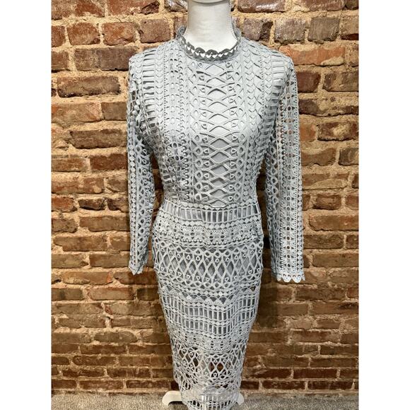 Misguided NWT High Neck Structured Lace Midi Dress Grey Sz 10 Body Con Cutout - Picture 7 of 16